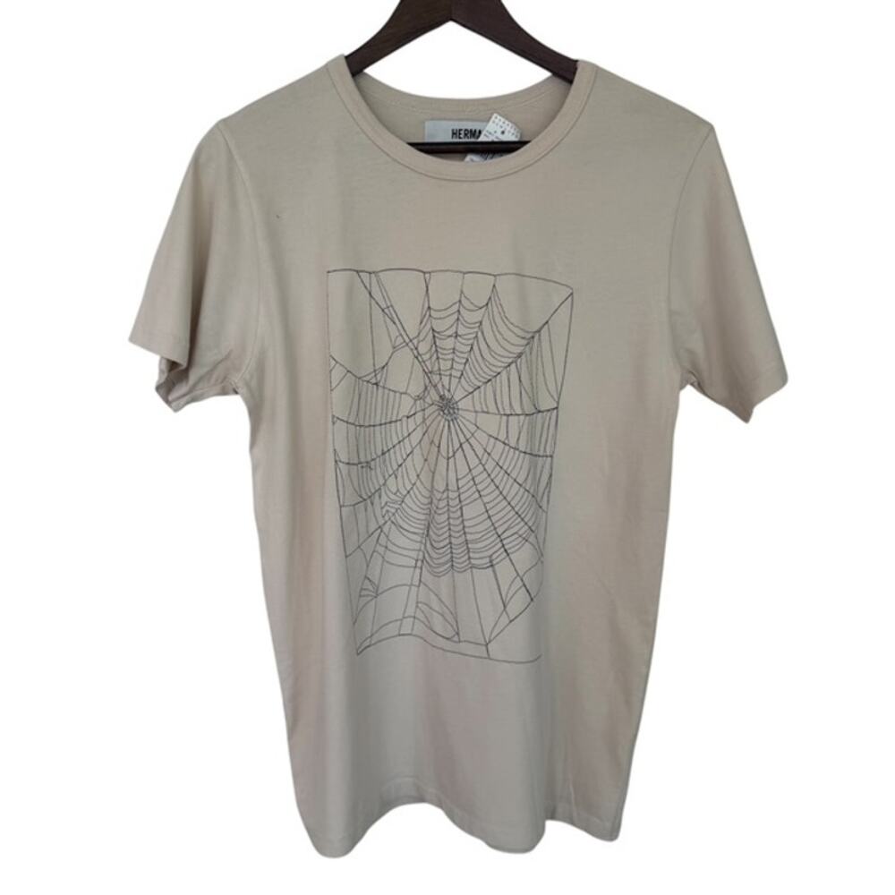 Herman Beige Embroidered Spiderweb Short Sleeve T-Shirt - Medium - NWT